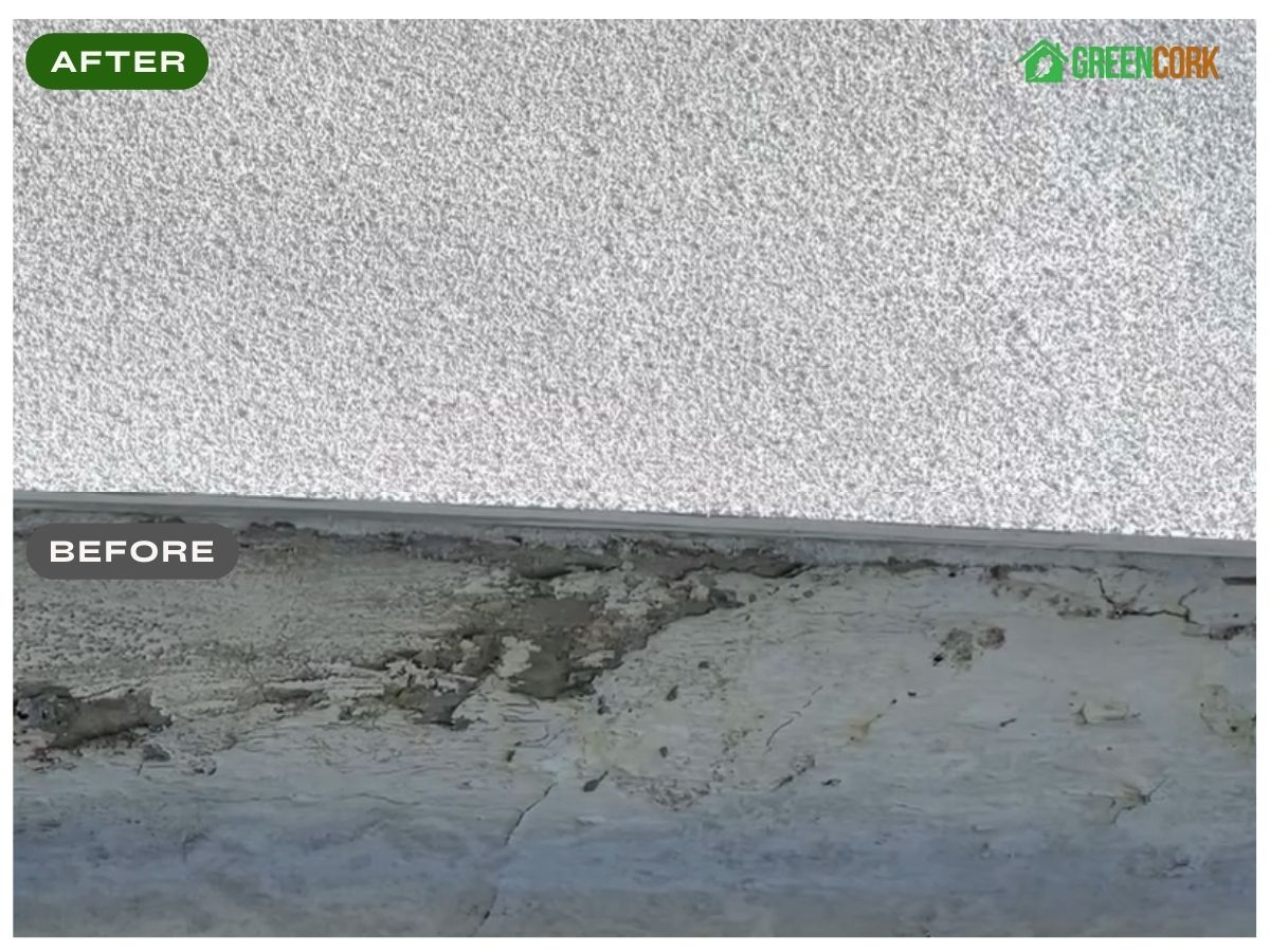Before and After Cracked Render vs Spraycork wall finish