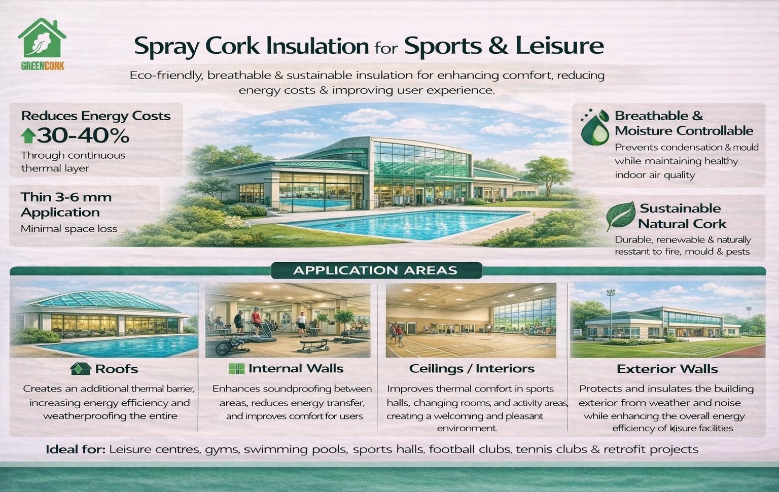 Spray cork insulation for leisure facilities