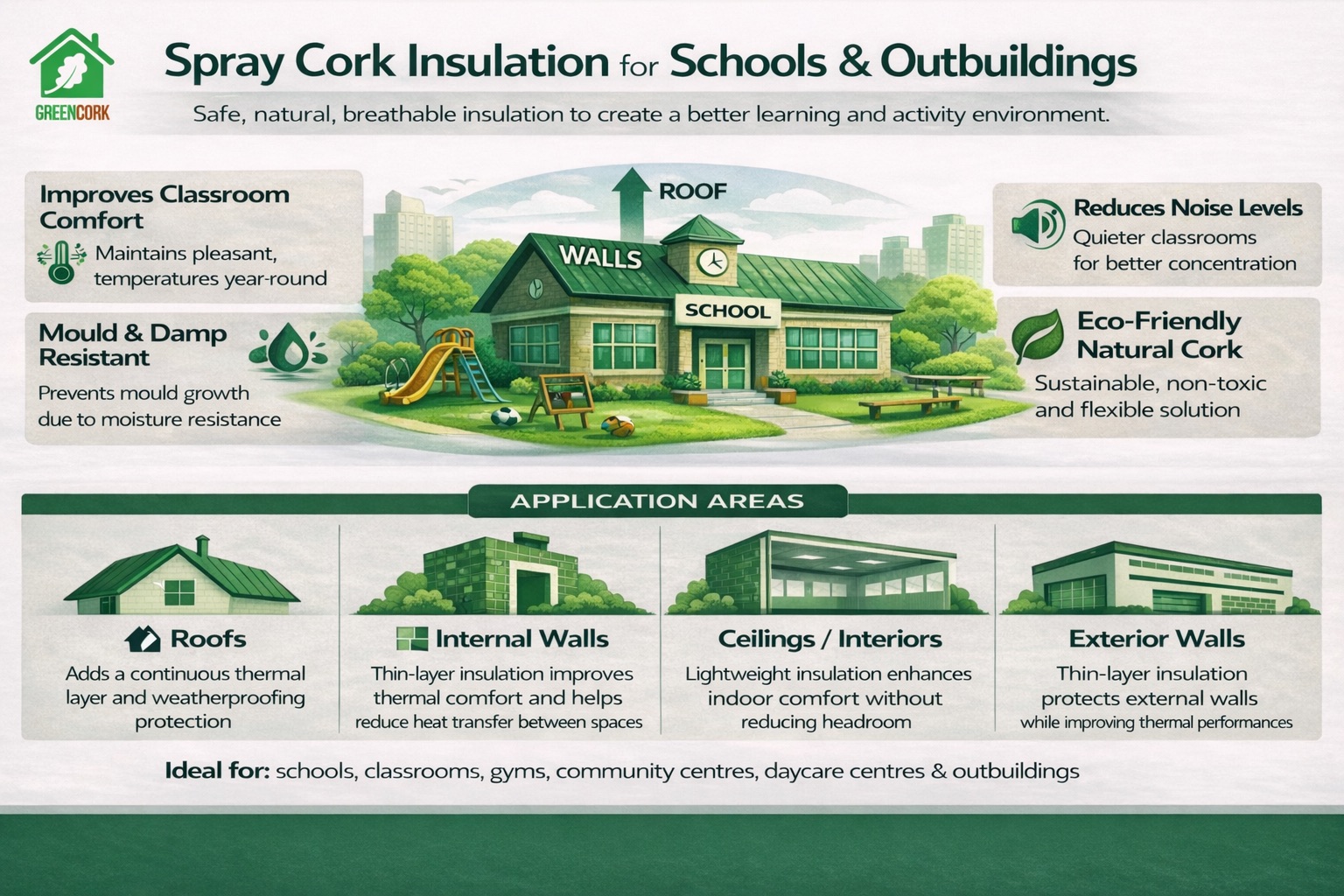 Spray cork insulation for schools and outbuildings