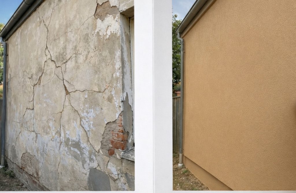 before and after spray cork application on a cracked render