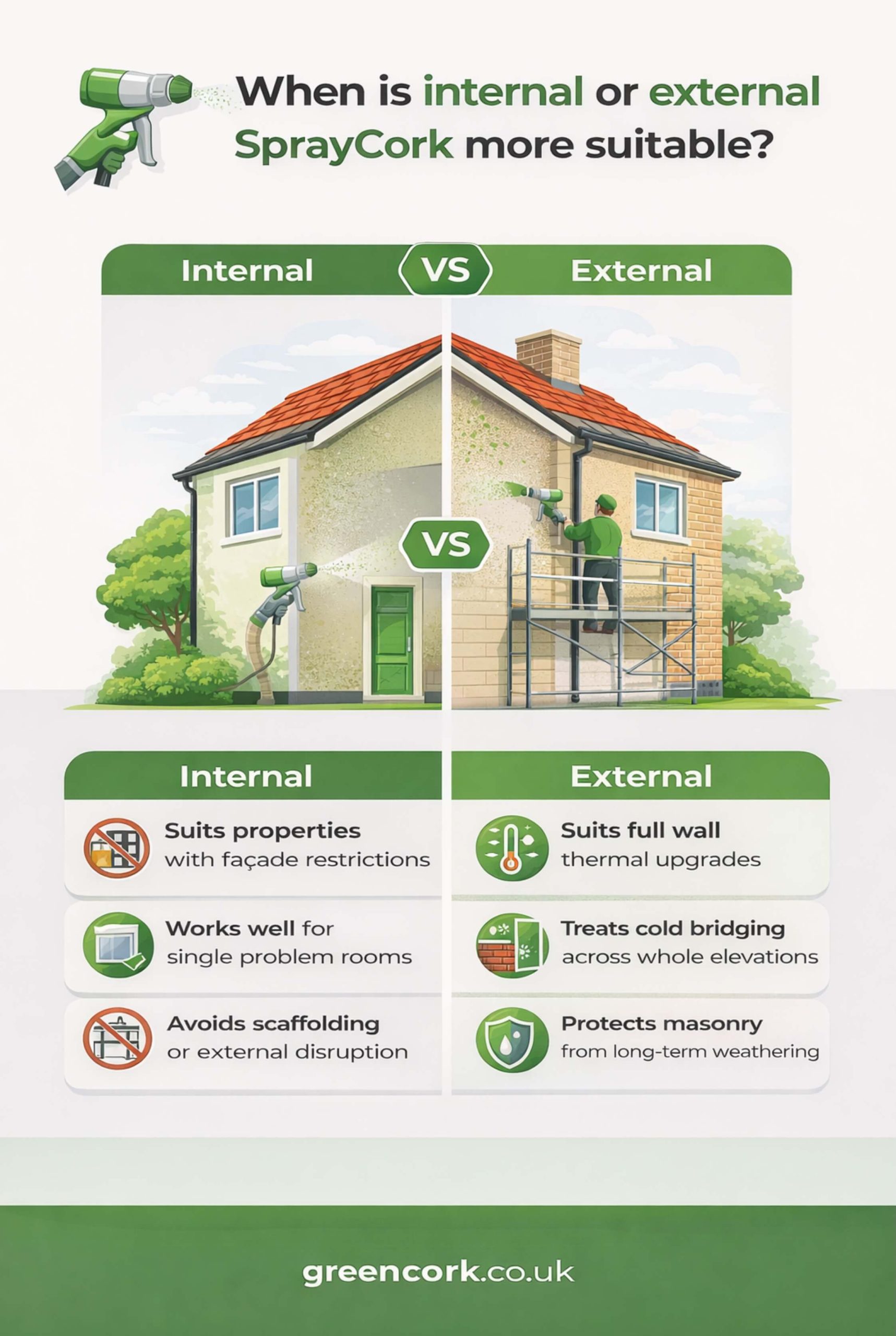 when is internal or external spraycork more suitable