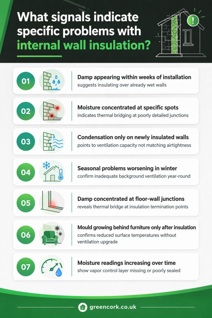 what signals indicate specific problems with internal wall insulation