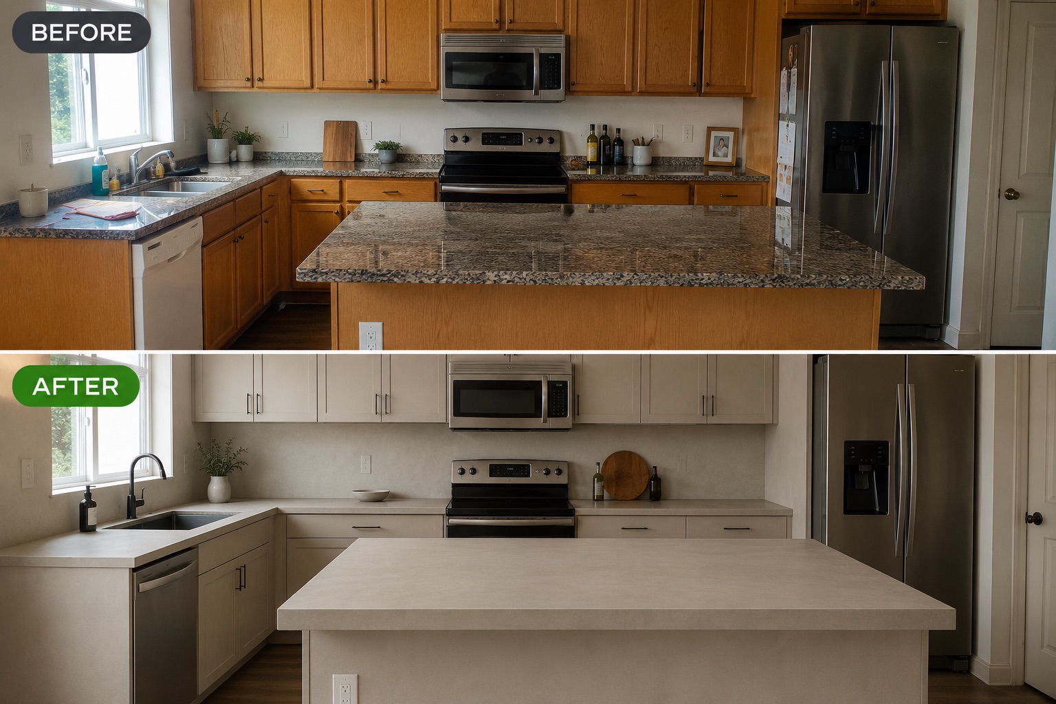 Kitchen renovation with microcement before and after