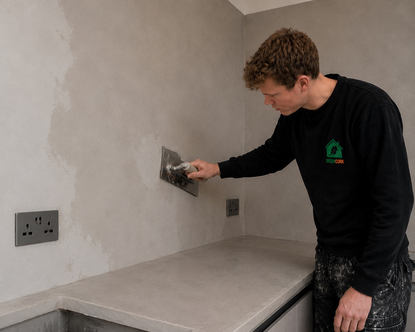 Plastering work in a kitchen renovation