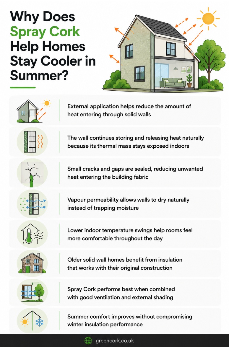 Why does spray cork help homes stay cooler in summer