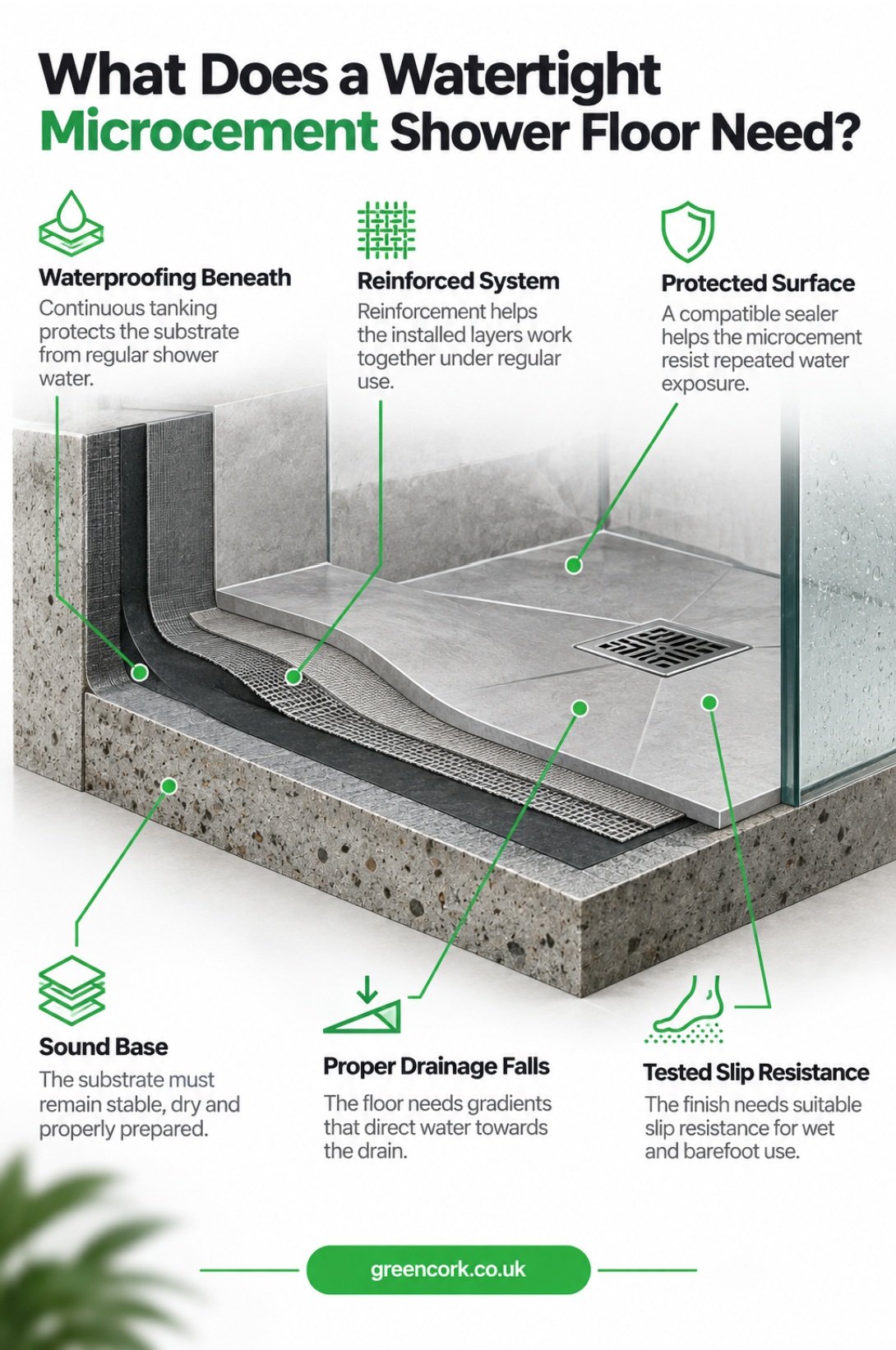 What does a watertight microcement shower floor need