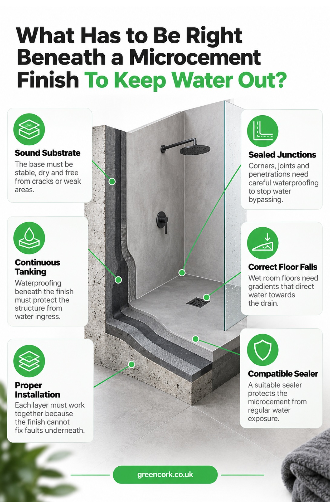 What has to be right beneath a microcement finish to keep water out