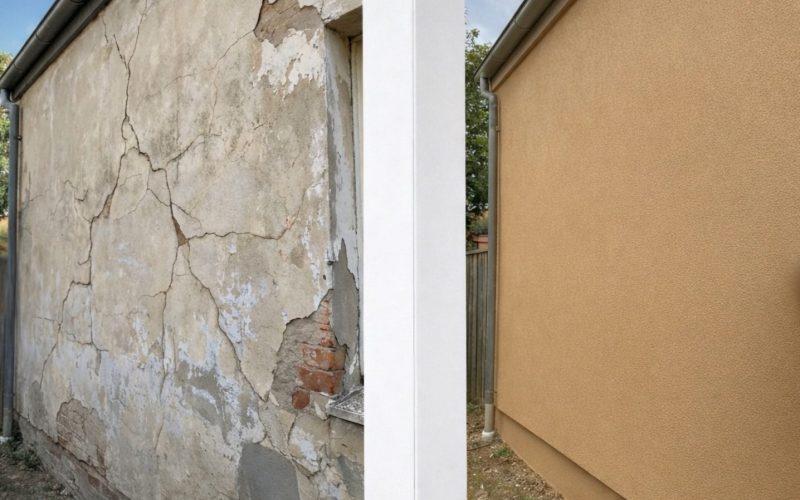 before and after spray cork application on a cracked render